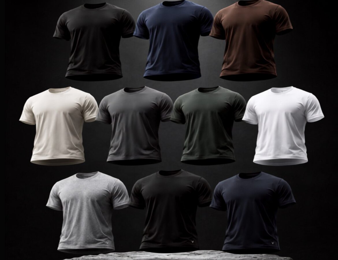 Modelo de camiseta básica branca à esquerda e, à direita, dez camisetas básicas Vankoff em cores diferentes sobre fundo preto.