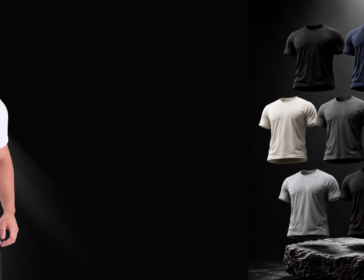 Modelo de camiseta básica branca à esquerda e, à direita, dez camisetas básicas Vankoff em cores diferentes sobre fundo preto.