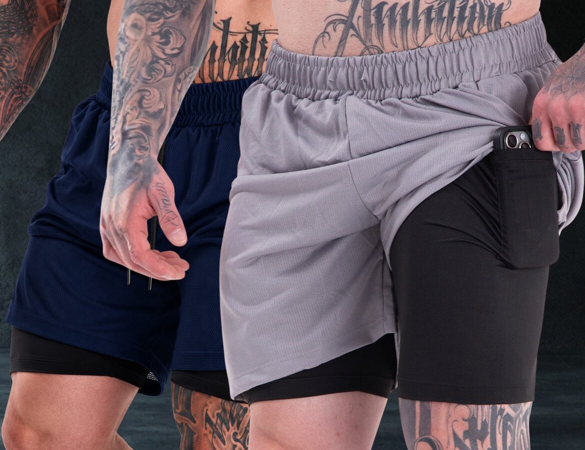 Dois Shorts 2 em 1 Vankoff, marinho e cinza, vestidos por modelos, com o forro de compressão à mostra.