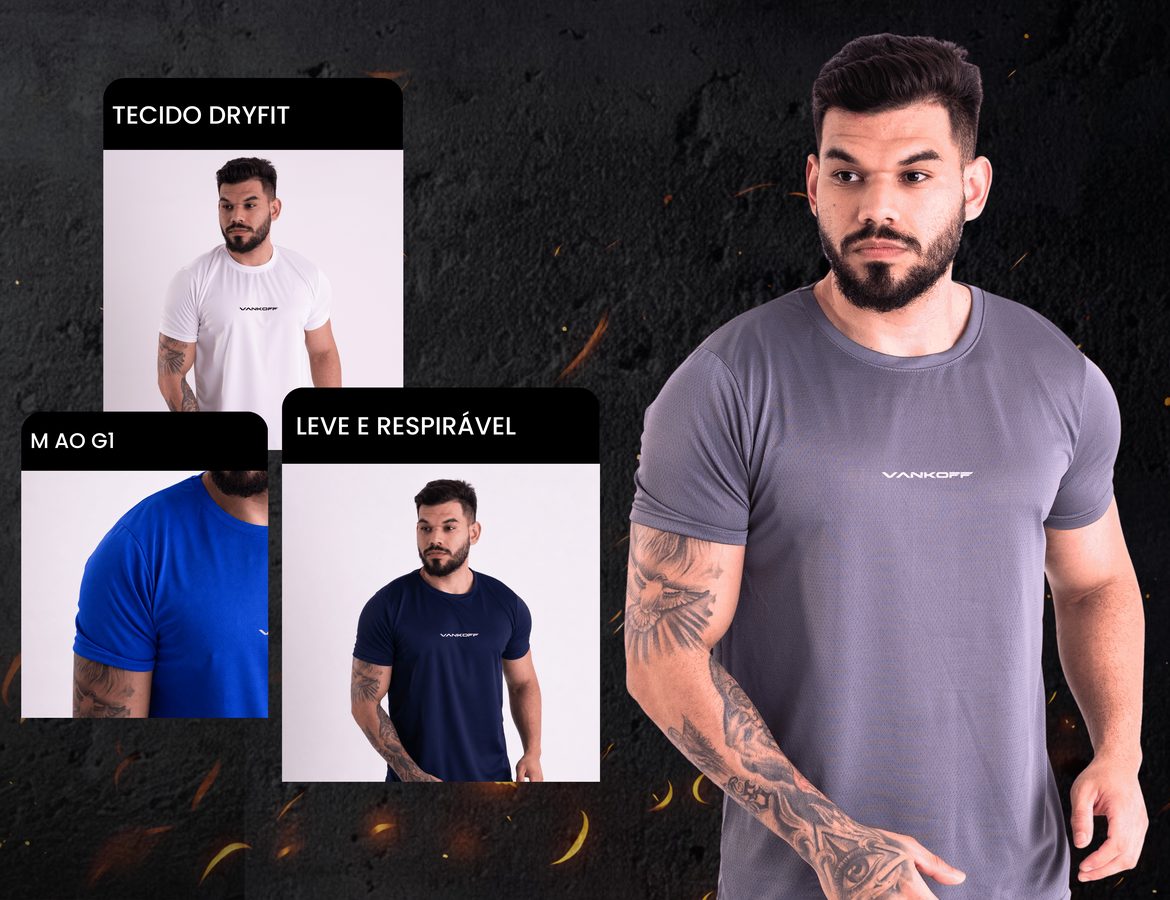 Modelo de camiseta dry fit cinza Vankoff e, ao lado, tres fotos menores das camisetas branca, azul e marinho.