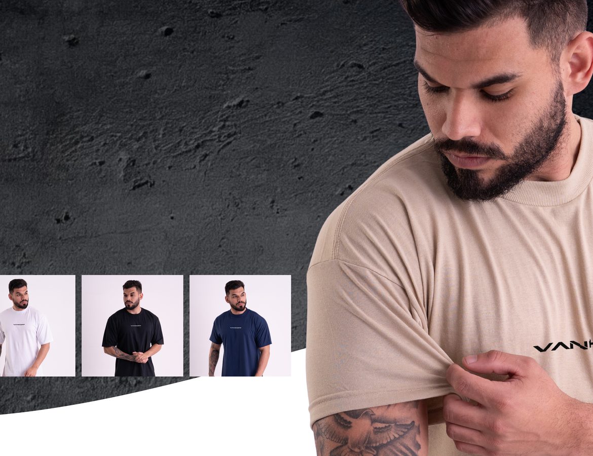 Tres camisetas oversized de suedine Vankoff, branca, preta e azul marinho, ao lado de um modelo vestindo a bege.