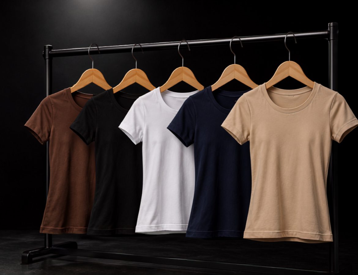 Cinco baby looks Vankoff em cabides de madeira, nas cores marrom, preta, branca, marinho e caramelo, sobre fundo escuro.