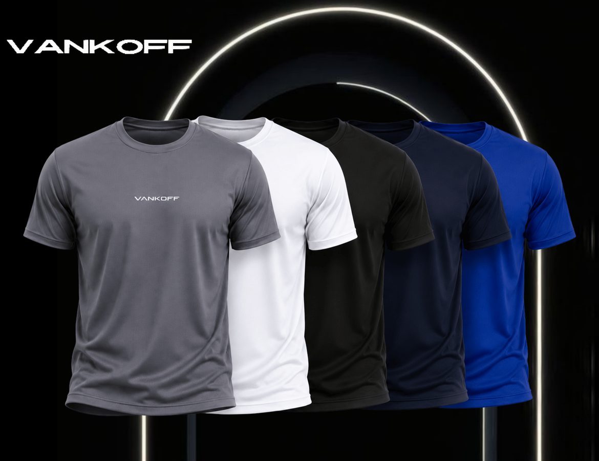 Cinco camisetas dry fit Vankoff nas cores cinza, branca, preta, marinho e royal, alinhadas sob um arco de luz.