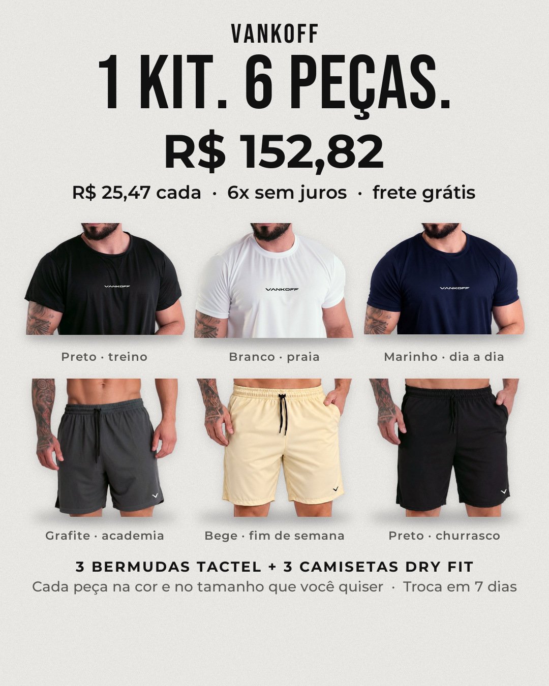 Kit Verão: 3 bermudas tactel e 3 camisetas dry fit por R$ 152,82, R$ 25,47 cada peça
